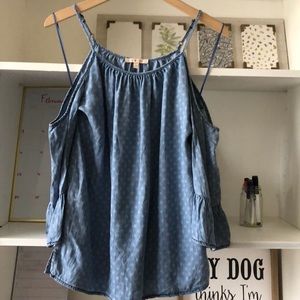 Fun Chambray Cold Shoulder Top. Size S.